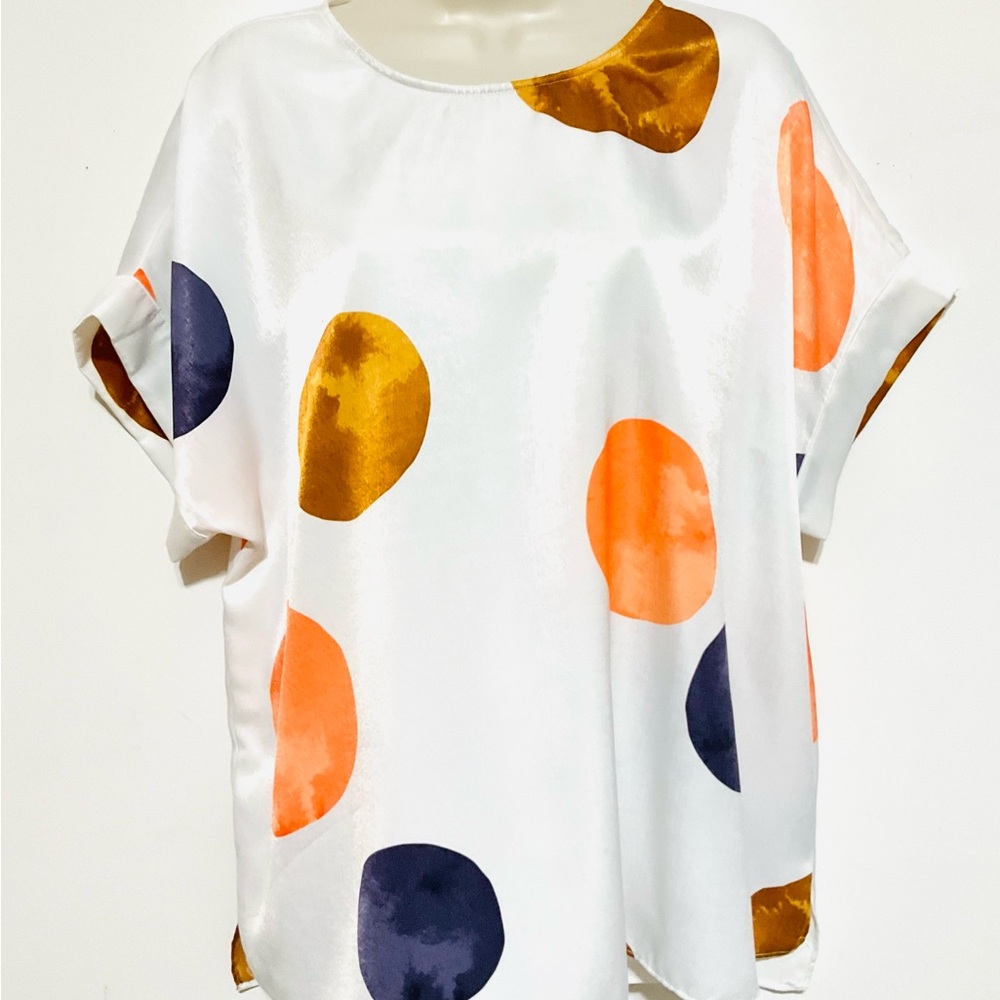 Worthington Women's Blouse - White with Orange, Gold, and Blue Dots